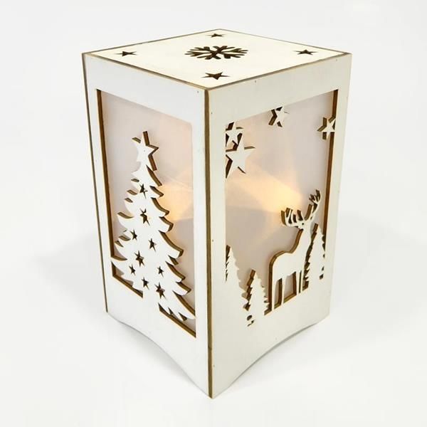 Φαναράκι Ξύλινο 10*10*16,5 εκ. με Χριστουγεννιάτικα σχέδια Φωτιζόμενο 5 Led Warm White Θερμό Λευκό Merry Christmas 600-40184