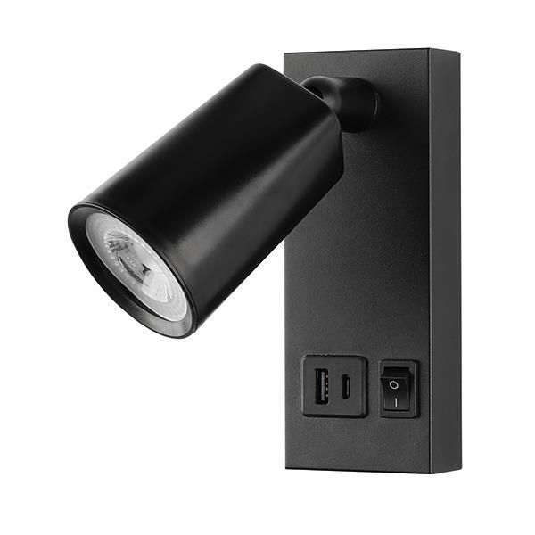 ΑΠΛΙΚΑ ΚΡΕΒΑΤΙΟΥ ΑΝΑΓΝΩΣΗΣ ΜΕ USB TYPE C ΜΕΤΑΛΛΟ-ΠΛΑΣΤΙΚΟ LED 5W 450Lm 3000K 155X63X150mm ΜΑΥΡΗ ARTE ILLUMINA C-LUX Eurolamp 145-22070