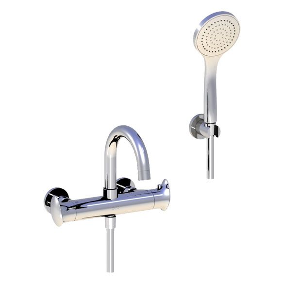 Horus Canopée Contemporary Collection - Complete Set Exposed Thermostatic Wall Bathshower Mixer - Satin Brass 60.714-LS