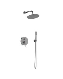 Orabella Preciosa Gun metal light - Shower set εντοιχισμού με Μπαταρία λουτρού, εντοιχισμού 2 σημείων, κεφαλή Φ250 με βραχίονα και τηλέφωνο ντουζ με σπιράλ και επιτοίχειο στήριγμα 10395