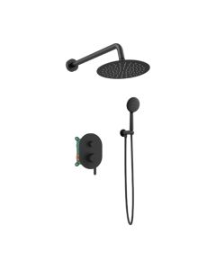 Orabella Marea Black matt - Shower set εντοιχισμού με Μπαταρία λουτρού, εντοιχισμού 2 σημείων, κεφαλή Φ250 με βραχίονα και τηλέφωνο ντουζ με σπιράλ και επιτοίχειο στήριγμα 10410