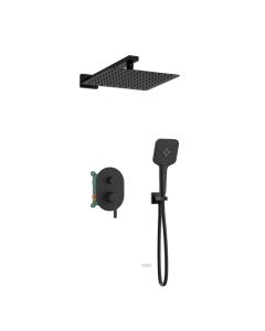 Orabella Marea Black matt - Shower set εντοιχισμού με Μπαταρία λουτρού, εντοιχισμού 2 σημείων, κεφαλή 250x250 με βραχίονα και τηλέφωνο ντουζ με σπιράλ και επιτοίχειο στήριγμα 10411