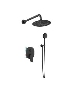 Orabella Aspen Black matt - Shower set εντοιχισμού με Μπαταρία λουτρού, εντοιχισμού 2 σημείων, κεφαλή Φ250 με βραχίονα και τηλέφωνο ντουζ με σπιράλ και επιτοίχειο στήριγμα 10438