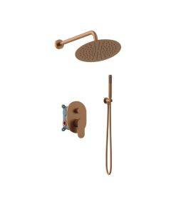 Orabella Aspen Rose gold - Shower set εντοιχισμού με Μπαταρία λουτρού, εντοιχισμού 2 σημείων, κεφαλή Φ250 με βραχίονα και τηλέφωνο ντουζ με σπιράλ και επιτοίχειο στήριγμα 10445