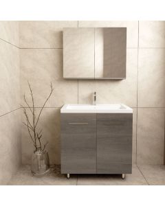 Orabella Nova 81 Long - Έπιπλο Μπάνιου Επιδαπέδιο με πορσελάνινο νιπτήρα και καθρέπτη ντουλάπι σε αποχρώσεις ξύλου με χρωμέ γραμμικά πόμολα F60193-70105,60197,70258