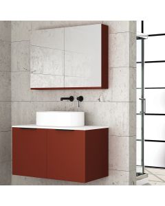 Orabella Solid Surface 90 με δύο Πόρτες και δύο Συρτάρια - Κρεμαστό Έπιπλο Μπάνιου για επικαθήμενο νιπτήρα και καθρέπτης ντουλάπι σε αποχρώσεις ξύλου με χρωμέ γραμμικά πόμολα F70244-70245,70106,W-90