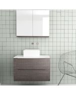 Orabella Solid Surface 80 με δύο Πόρτες - Κρεμαστό Έπιπλο Μπάνιου για επικαθήμενο νιπτήρα και καθρέπτης ντουλάπι σε αποχρώσεις ξύλου με χρωμέ γραμμικά πόμολα F70242-70242,70105,W-80