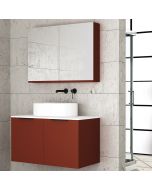 Orabella Solid Surface 90 με δύο Συρτάρια - Κρεμαστό Έπιπλο Μπάνιου για επικαθήμενο νιπτήρα και καθρέπτης ντουλάπι σε αποχρώσεις ξύλου με χρωμέ γραμμικά πόμολα F70244-70246,70106,W-90