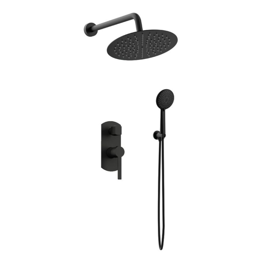 Orabella Elegance Black matt - Shower set εντοιχισμού με Μπαταρία λουτρού, εντοιχισμού 2 σημείων, κεφαλή Φ250 με βραχίονα και τηλέφωνο ντουζ με σπιράλ και επιτοίχειο στήριγμα 10270