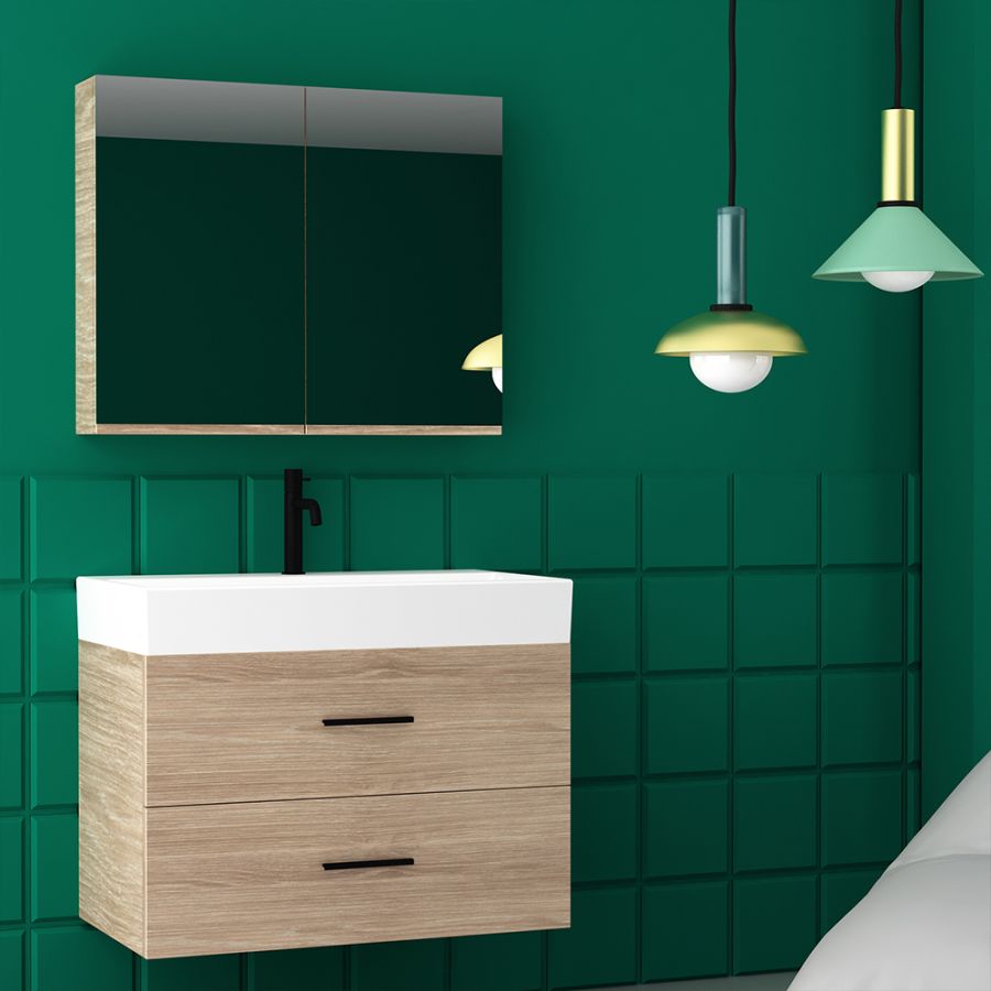 Orabella Amabile 80 με δύο Συρτάρια - Κρεμαστό Έπιπλο Μπάνιου με πορσελάνινο νιπτήρα Tecla και καθρέπτη ντουλάπι F60163-70145-70105-60163