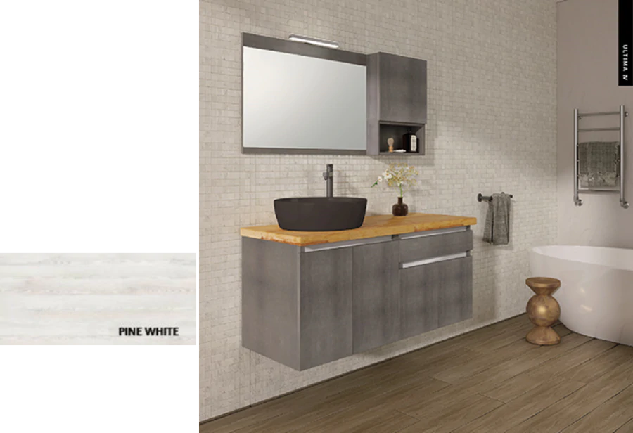  Έπιπλο Μπάνιου Μ120xB50xY55cm Βάση-Πάγκος Μασίφ Ξύλο Πεύκο-Νιπτήρας-Καθρέπτης-Φωτιστικό-Άνω Ντουλάπι Μελαμίνη σε MDF Pine White Savvopoulos Ultima 04-8010 