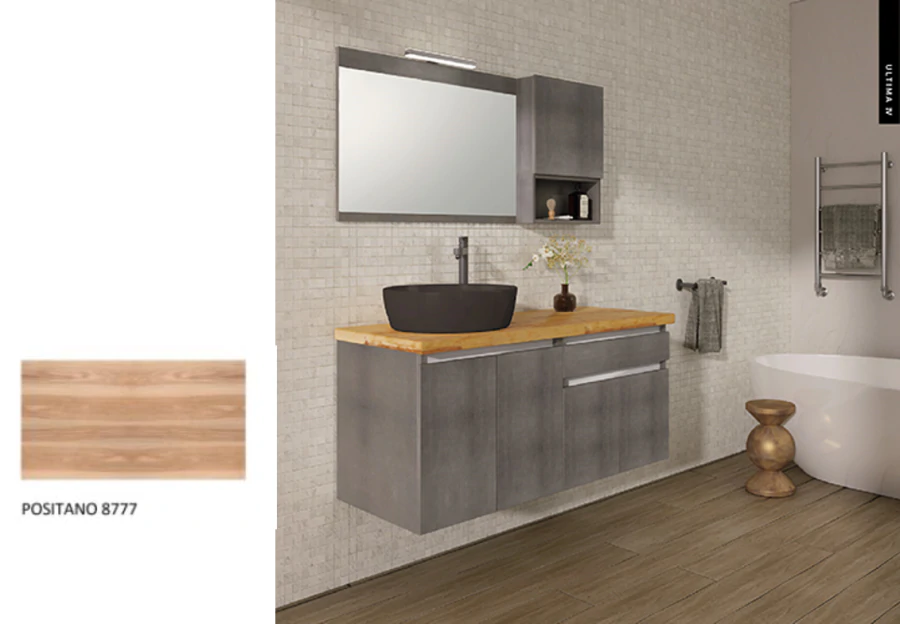  Έπιπλο Μπάνιου Μ120xB50xY55cm Βάση-Πάγκος Μασίφ Ξύλο Πεύκο-Νιπτήρας-Καθρέπτης-Φωτιστικό-Άνω Ντουλάπι Μελαμίνη σε MDF Positano Savvopoulos Ultima 04-8777